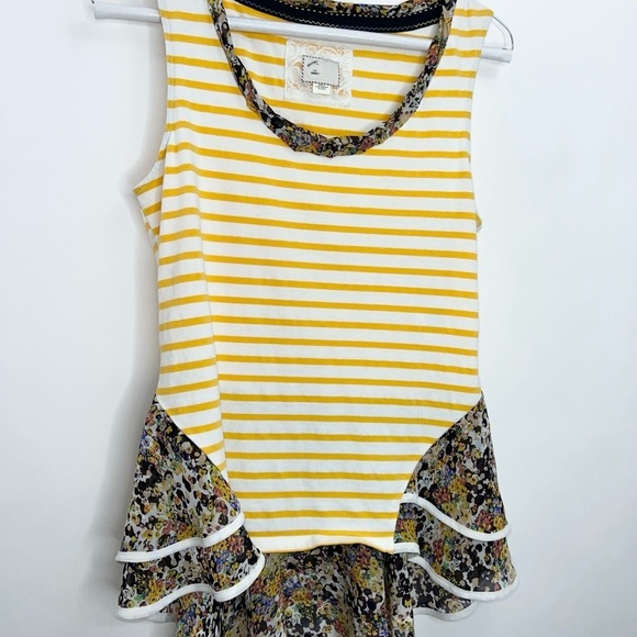Anthropologie  Postmate Sleeveless Yellow White Stripe Floral Trim Sz Small Tank - Picture 4 of 10
